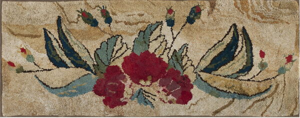 Textured, narrow rug displaying oversized red and teal floral motifs against a variegated beige background.