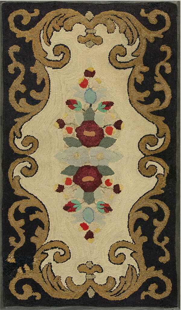 Ornate hooked rug with a cream center panel, dark border, and detailed red and blue floral bouquets.