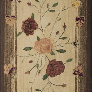 Cream floral hooked rug with large roses and green leaves, framed by textured dark brown and striped borders.