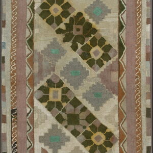 Textured rug with a beige field, diagonal green and gray geometric motifs, and mauve and brown borders.