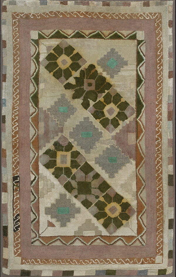Textured rug with a beige field, diagonal green and gray geometric motifs, and mauve and brown borders.