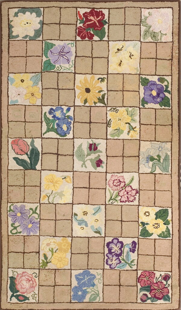 This beige rug has a checkered pattern alternating solid squares with squares holding detailed multicolor floral motifs.