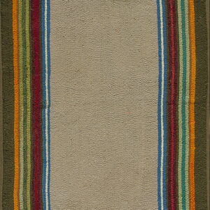 A textured taupe rug with a thick border of multi-colored stripes including red, green, blue, and orange.