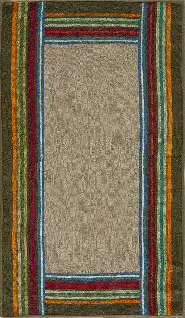 A textured taupe rug with a thick border of multi-colored stripes including red, green, blue, and orange.