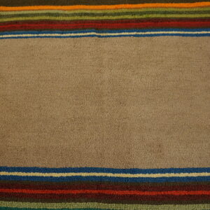 Tan textured rug with multicolored striped borders in brown, blue, red, green, and orange.