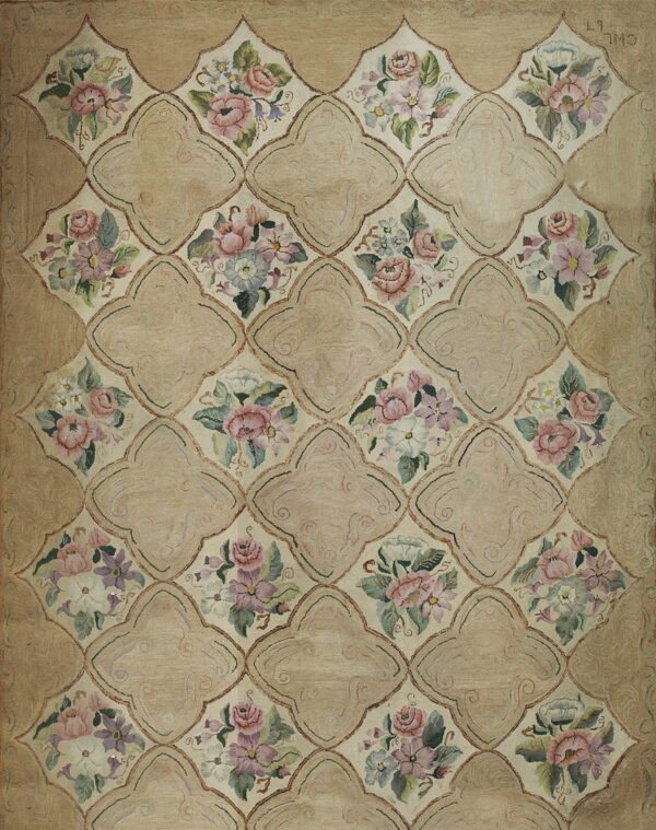 Tan area rug with a latticework pattern separating pale pink, purple, and cream floral clusters.