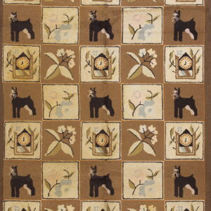 Textured rug in tan and cream squares depicts black dogs, clocks, and floral botanical motifs.