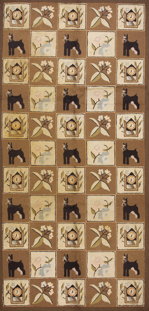 Textured rug in tan and cream squares depicts black dogs, clocks, and floral botanical motifs.