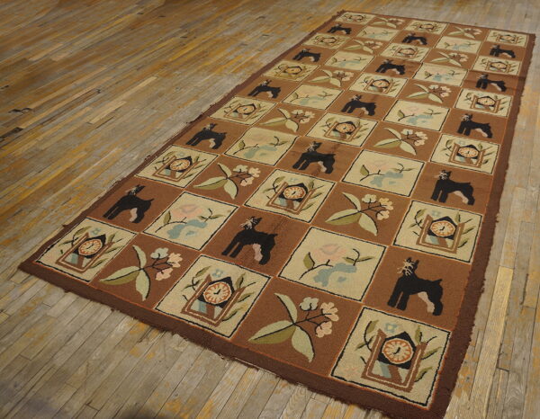 Brown and beige checkerboard rug with dog and floral patterns lies on a rustic wood floor.