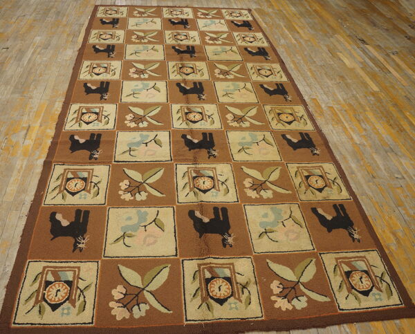 Brown, cream, and black checkered rug with animal and floral patterns lies on light wooden floorboards.
