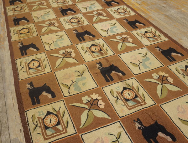 Brown and beige checkered rug featuring stylized dogs, clocks, and floral motifs on wood flooring.