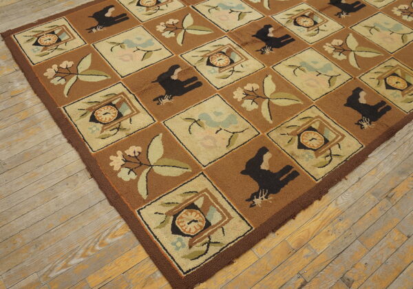 Block-patterned rug in browns and creams featuring black animal silhouettes and light floral designs on wood plank flooring.
