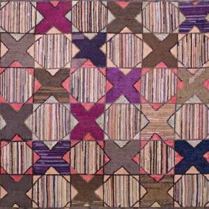 Geometric grid rug featuring multi-colored vertical stripes framed by purple, brown, and magenta X blocks.