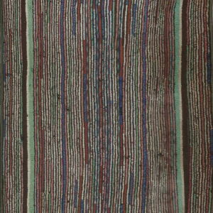 Shaggy rug displaying multicolored vertical striping in shades of dark brown, mint green, red, blue, and cream.
