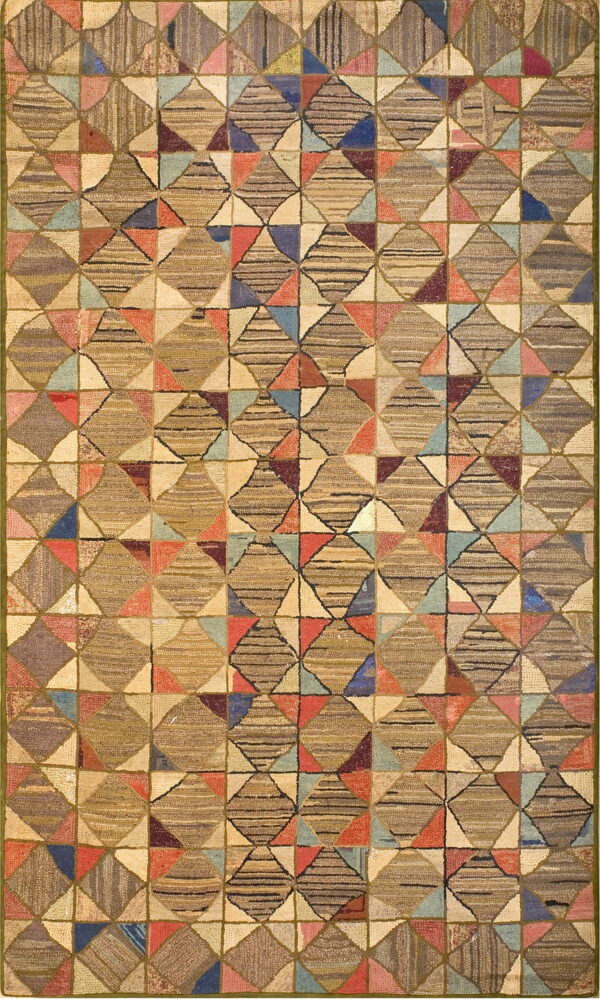 Earth-toned textured rug with a repeating patchwork diamond pattern accented by multicolored triangles.