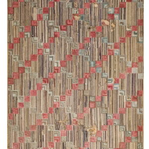 High-pile rug with variegated brown vertical stripes and diagonal pink and sage geometric blocks.