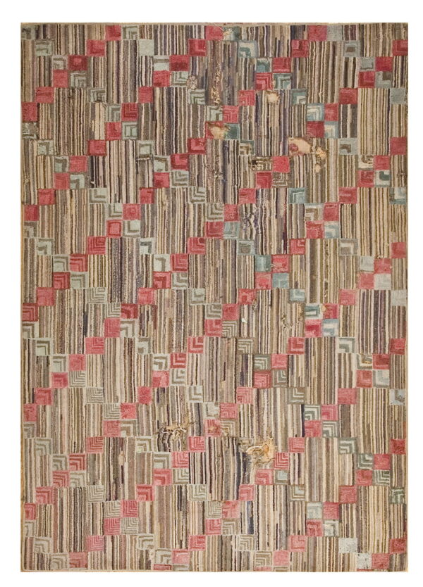 High-pile rug with variegated brown vertical stripes and diagonal pink and sage geometric blocks.