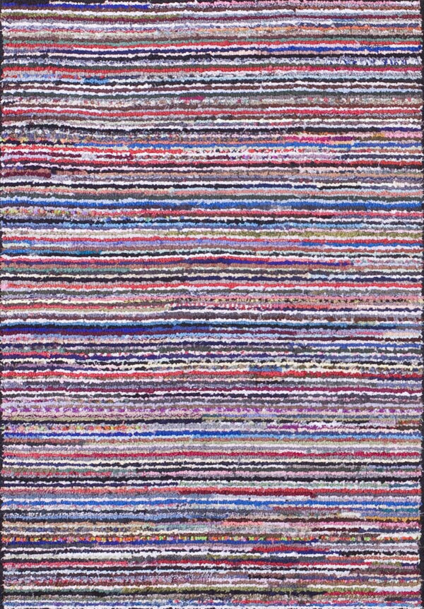 Highly textured rag rug featuring thin vertical stripes of diverse mixed colors like red, blue, and brown.