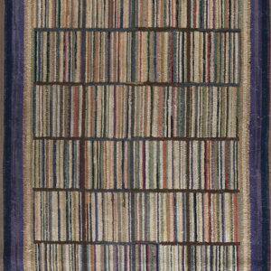 Textured rug featuring multicolored vertical stripes in segmented blocks, framed by beige and a wide navy border.
