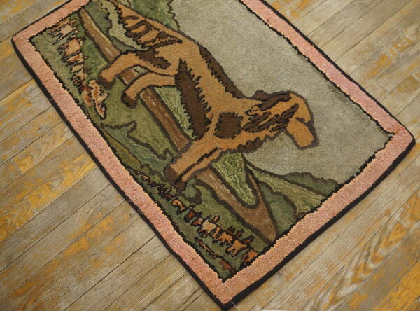 Textured rug showing a tan animal climbing a tree; green, gray, and pink colors on weathered wood planks.