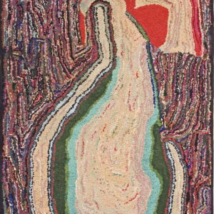 Textured, abstract rug featuring looped pile and curved bands of red, cream, green, aqua, and variegated dark colors.