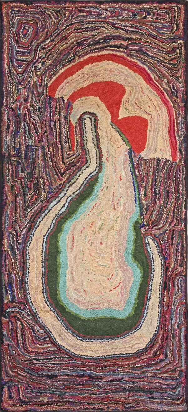 Textured, abstract rug featuring looped pile and curved bands of red, cream, green, aqua, and variegated dark colors.