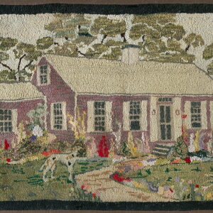 Textured hooked rug depicting a reddish-purple house, green trees, a lawn, and a spotted dog.