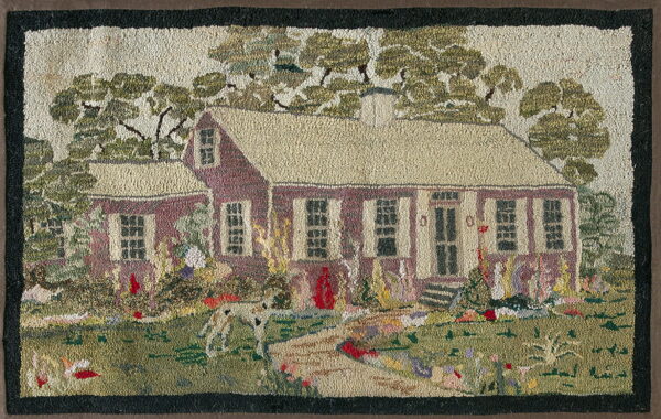 Textured hooked rug depicting a reddish-purple house, green trees, a lawn, and a spotted dog.