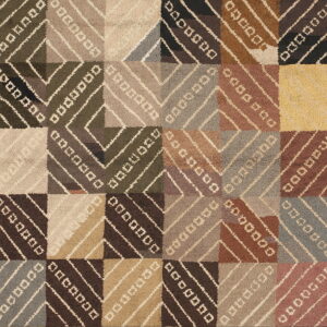 Geometric, textured rug pattern featuring squares and diagonal lines in brown, beige, gray, and yellow.