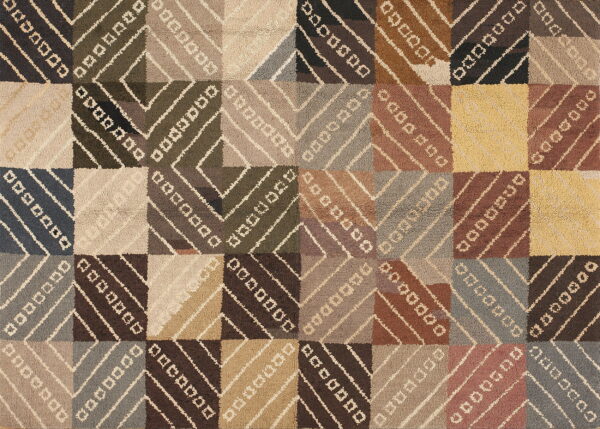 Geometric, textured rug pattern featuring squares and diagonal lines in brown, beige, gray, and yellow.