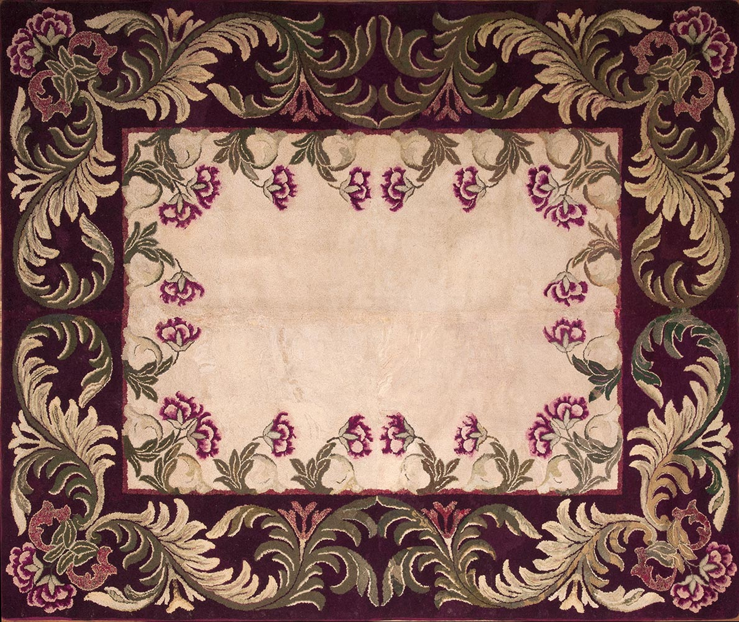 Looped Rug Vintage Antique Floral Hooked Loop Pile Rug from 1935