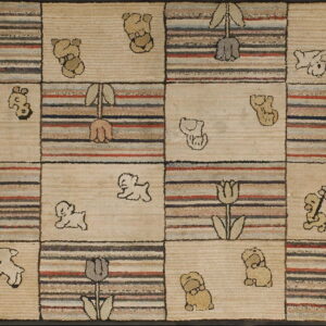 A hooked rug featuring a grid of tan squares with animal outlines and multi-colored striped blocks with tulips.