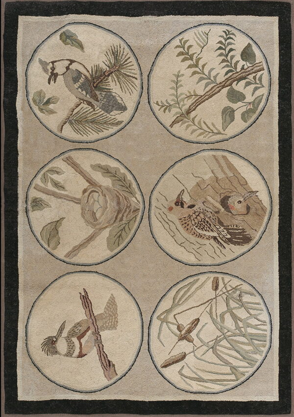 Muted beige hooked rug with six circular nature vignettes featuring birds and foliage, framed by dark borders.