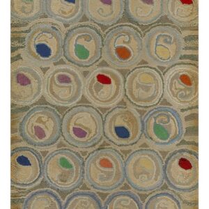Textured runner rug with multicolored paisley shapes centered within rows of beige and blue circles.