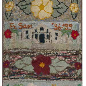 Multi-colored hooked rug runner featuring panels of historic text, flowers, landscapes, and figures.