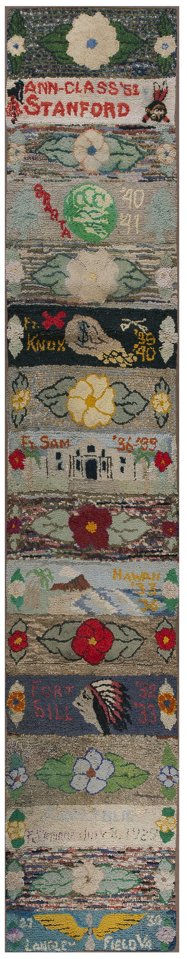 Multi-colored hooked rug runner featuring panels of historic text, flowers, landscapes, and figures.