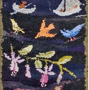 Tall, narrow runner with a textured pile, displaying diverse pictorial scenes of houses, flowers, and animals on a dark ground.