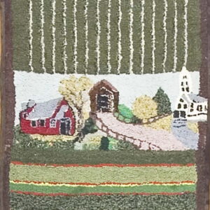 Vertical folk art runner rug featuring low-pile pictorial panels of a cat, barn, eagle, and striped fields.