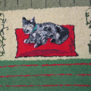Hooked rug showing a speckled cat on a red pillow with cream, olive, and striped green borders.
