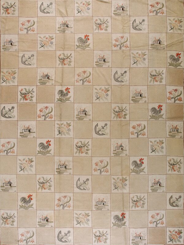 Checkerboard rug in tan and cream squares featuring anchors, roosters, floral, and house motifs.