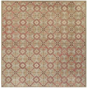 Square rug with a tile-like pattern in sage green, pale pink, and deep reddish-brown.
