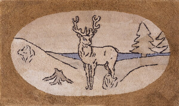 Oval hooked rug depicts a beige stag and pine trees framed by a textured brown border.