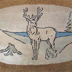 A rustic brown rug featuring a central oval scene of a deer in a beige and blue snowy landscape.