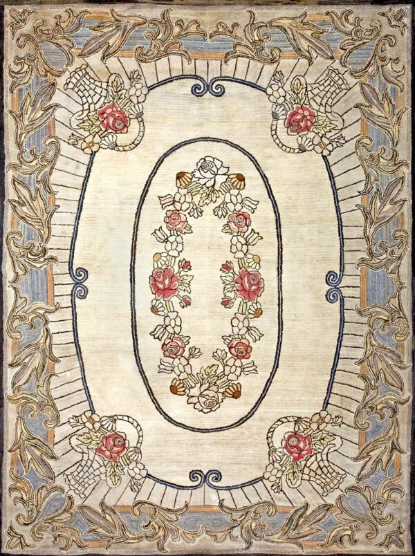 Ivory rug featuring a central oval of pink and white flowers surrounded by scrolling gold and blue borders.