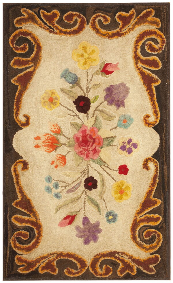 Hooked rug featuring a multicolored floral bouquet surrounded by rust and dark brown scrolling borders.
