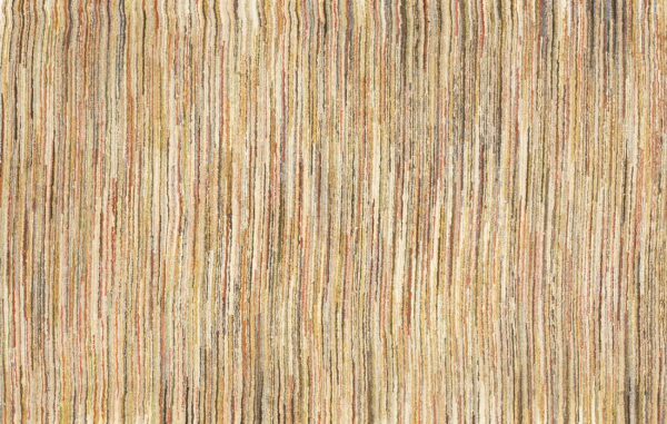 Vertical textured rug pattern composed of thin, multicolored stripes in beige, rust, and olive tones.