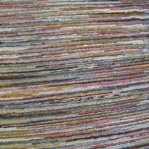Multicolor horizontally striped rug with visible texture covering light brown wood flooring.