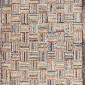 High-pile runner rug featuring a basketweave pattern of multicolored striped beige and gray rectangular blocks.