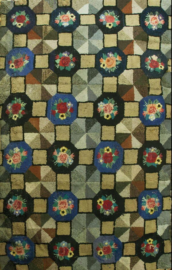Textured floral octagon rug pattern with khaki squares and gray-brown geometric pinwheel shapes.