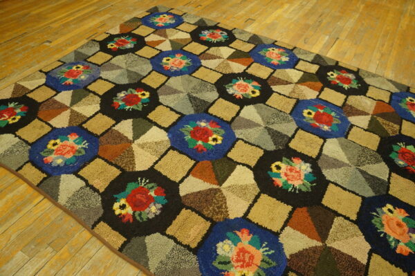 Textured rug with colorful floral and geometric patchwork designs lying on light golden hardwood flooring.